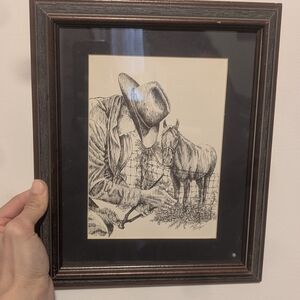 Framed Cowboy and Horse Sketch Art